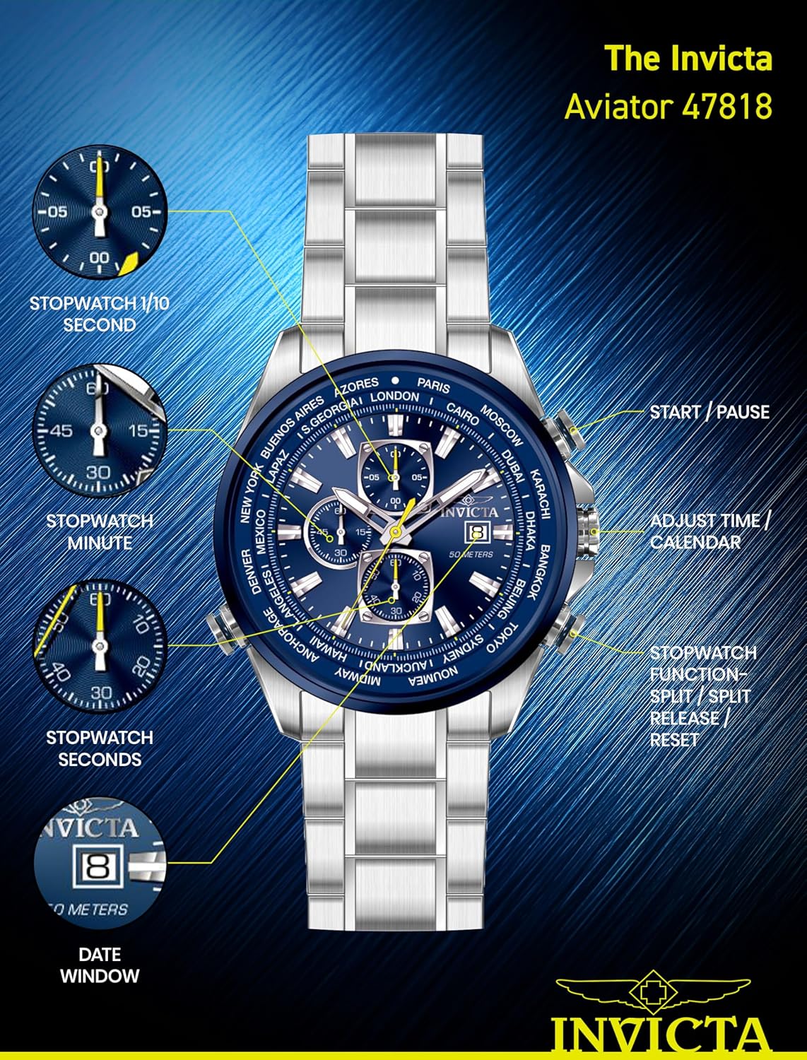 Thumbnail 3 de Invicta Aviator Montre Homme 50 mm – Mouvement Quartz, Acier Inoxydable, Cadran Bleu