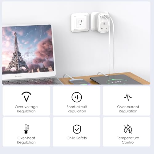Detalle 2 de Tusreda UK to US Plug Adaptor: 4-in-1 Travel Charger with USB-C & USB Ports