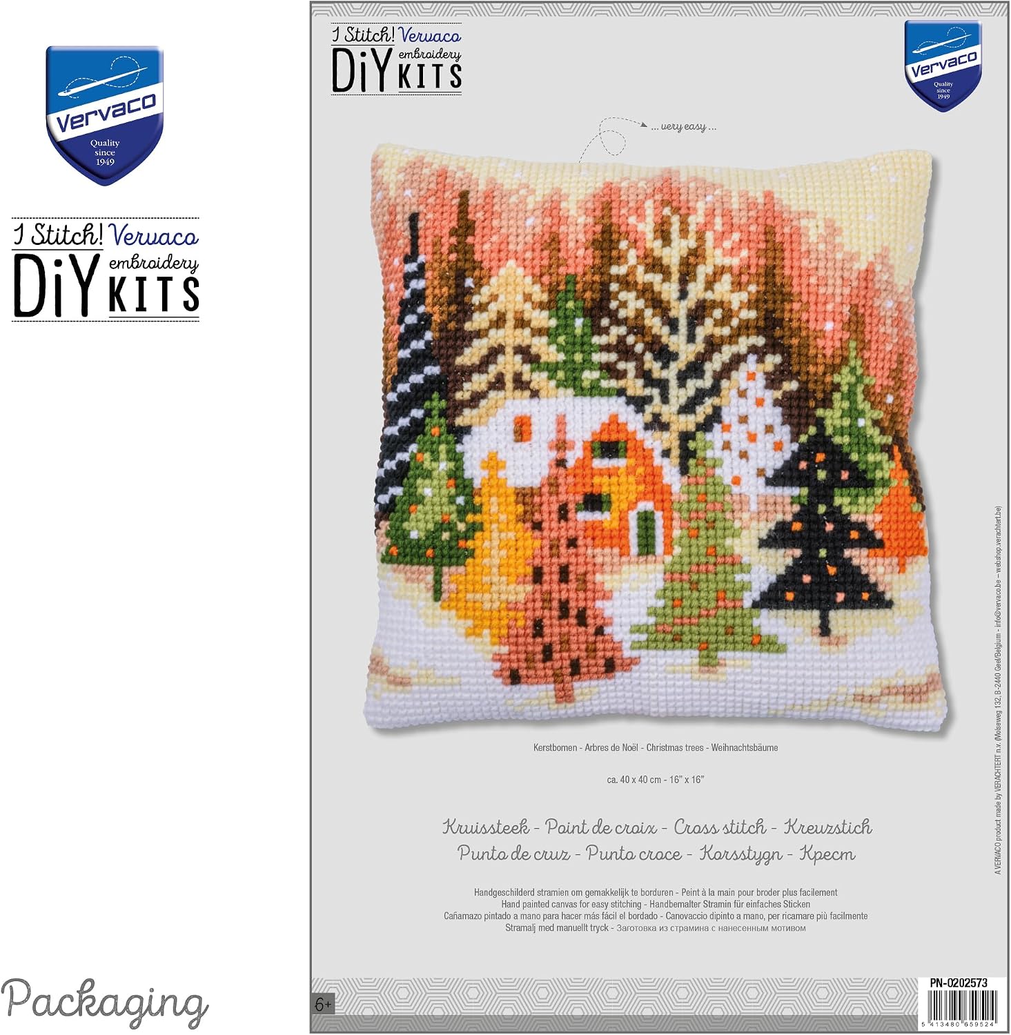 Detalle de Vervaco zestaw do haftu krzyżykowego na poduszkę CHOINKI, kanwa z nadrukiem 40 × 40 cm
