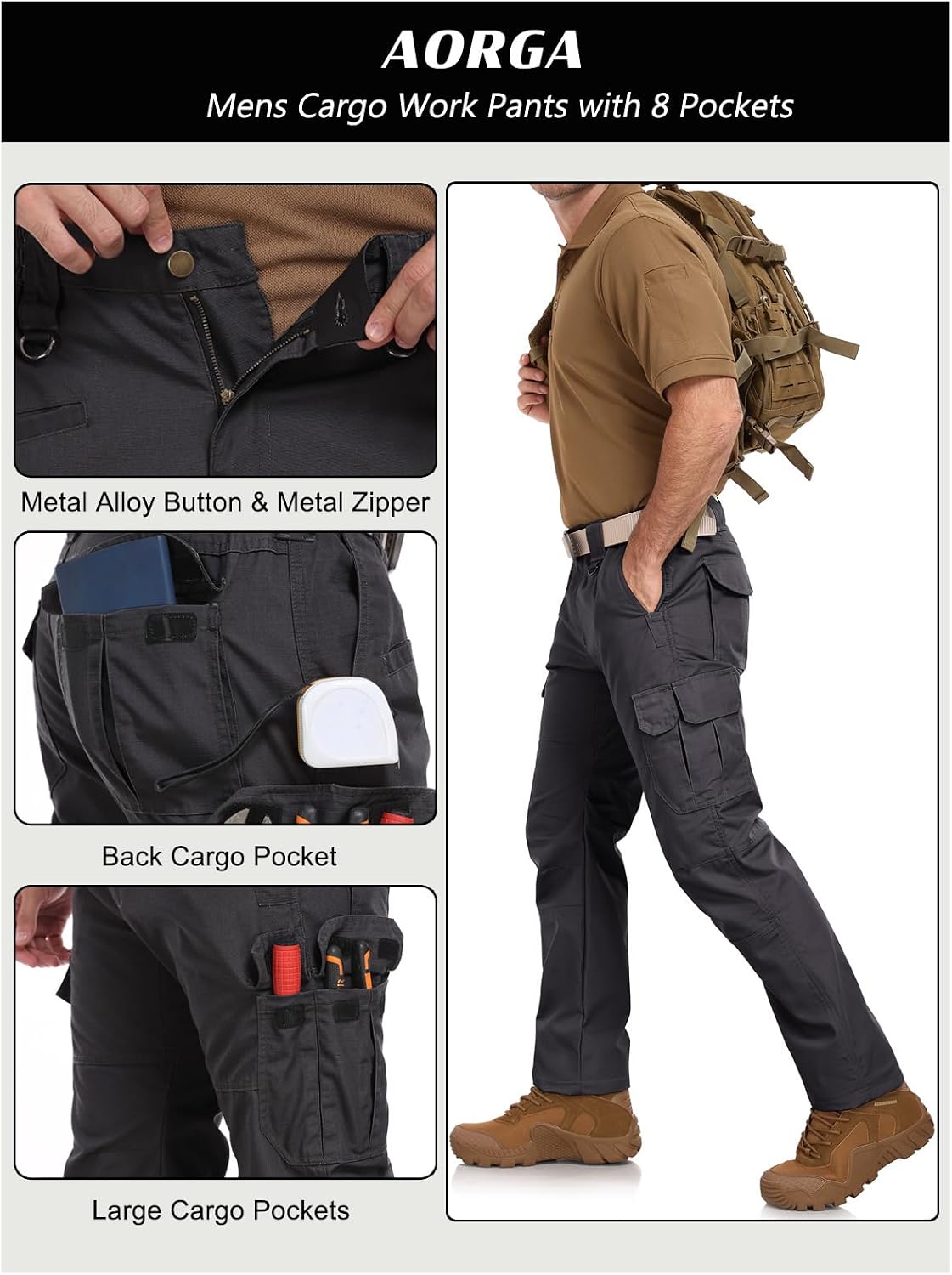 Thumbnail 5 de Mens Work Pants Water Resistant Elastic Waist Outdoor Breathable Cargo Tactical Pants with 8 Pockets