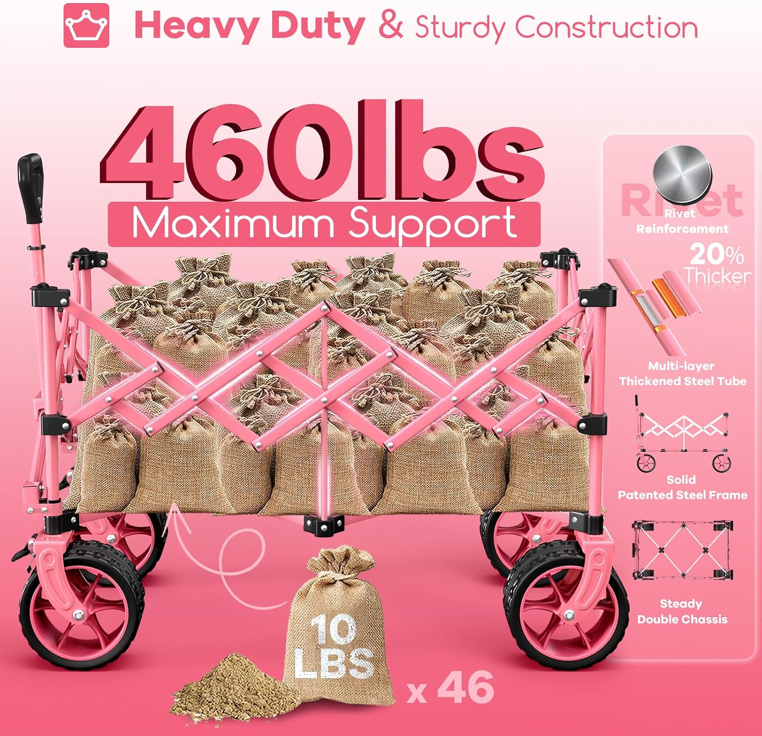 Detalle de Originsure FW220BLACK-3001-CA-Pink 220L Folding Wagon with All-Terrain Wheels