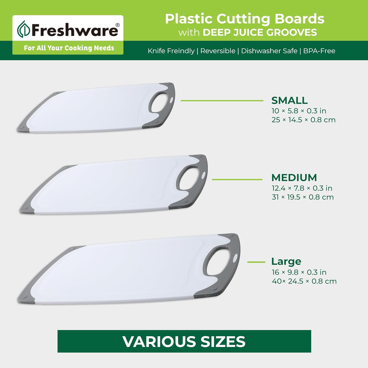 Thumbnail 3 de Freshware Kitchen Cutting Boards (3-Pack) with Juice Grooves, Non Slip Handles, Reversible & Dishwasher Safe (Gray)