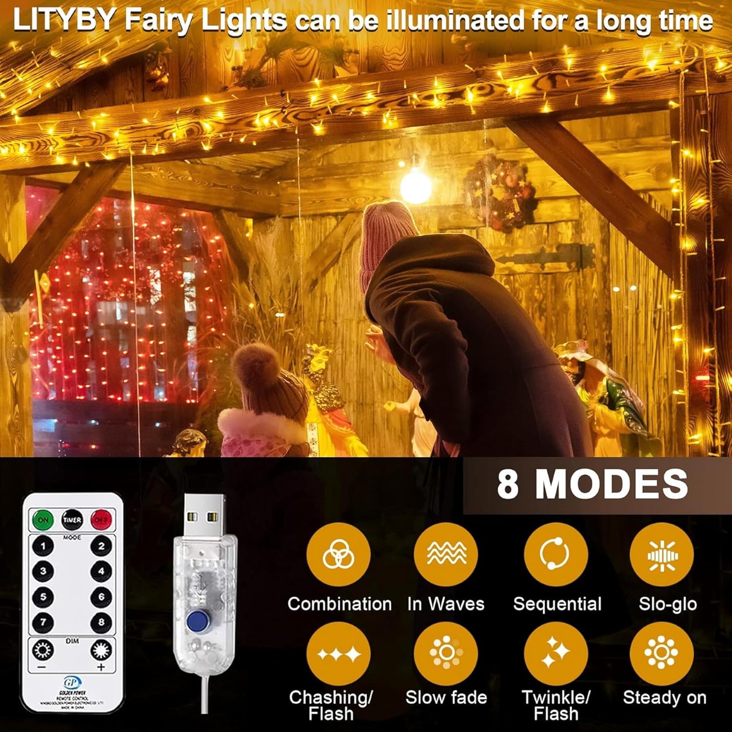 Thumbnail 4 de 120 LED Fairy Lights USB Powered, 13m/42ft, 8 Modes with Remote — Indoor/Outdoor Christmas String Lights (Warm White)