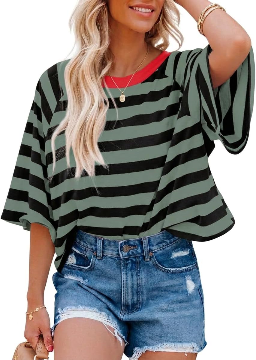 Detalle de Chicrise Damen Oversize Ringelshirt – Sommer Kurzarm Top im Streifenlook