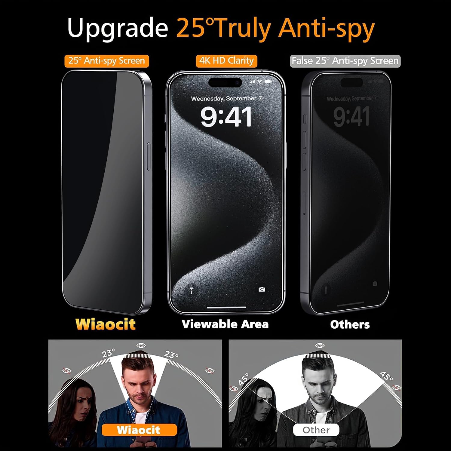 Detalle de Wiaocit iPhone 15 Pro Max Tempered Glass Privacy Screen Protector, 3-Pack