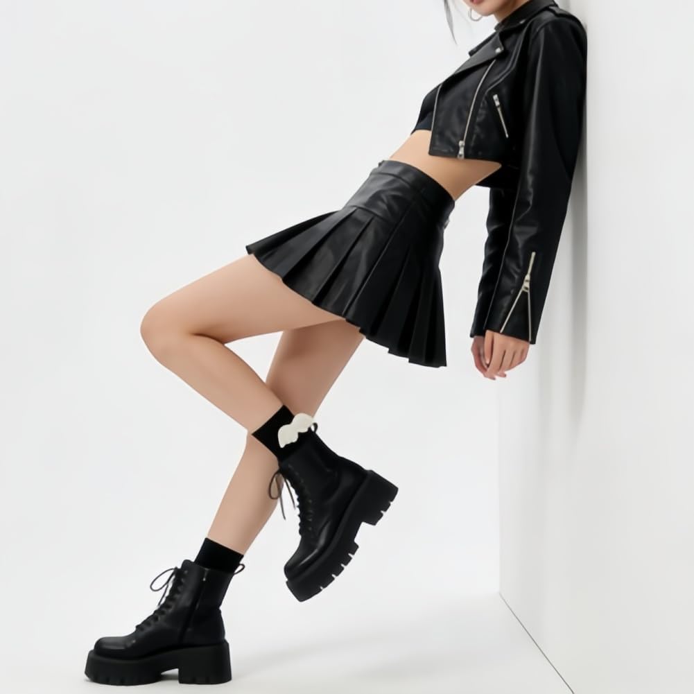 Detalle de AKAMAS 5 Paar Socken mit Engelsflügeln – Schwarz/Weiß, atmungsaktiv, süßes Lolita‑Design für Damen