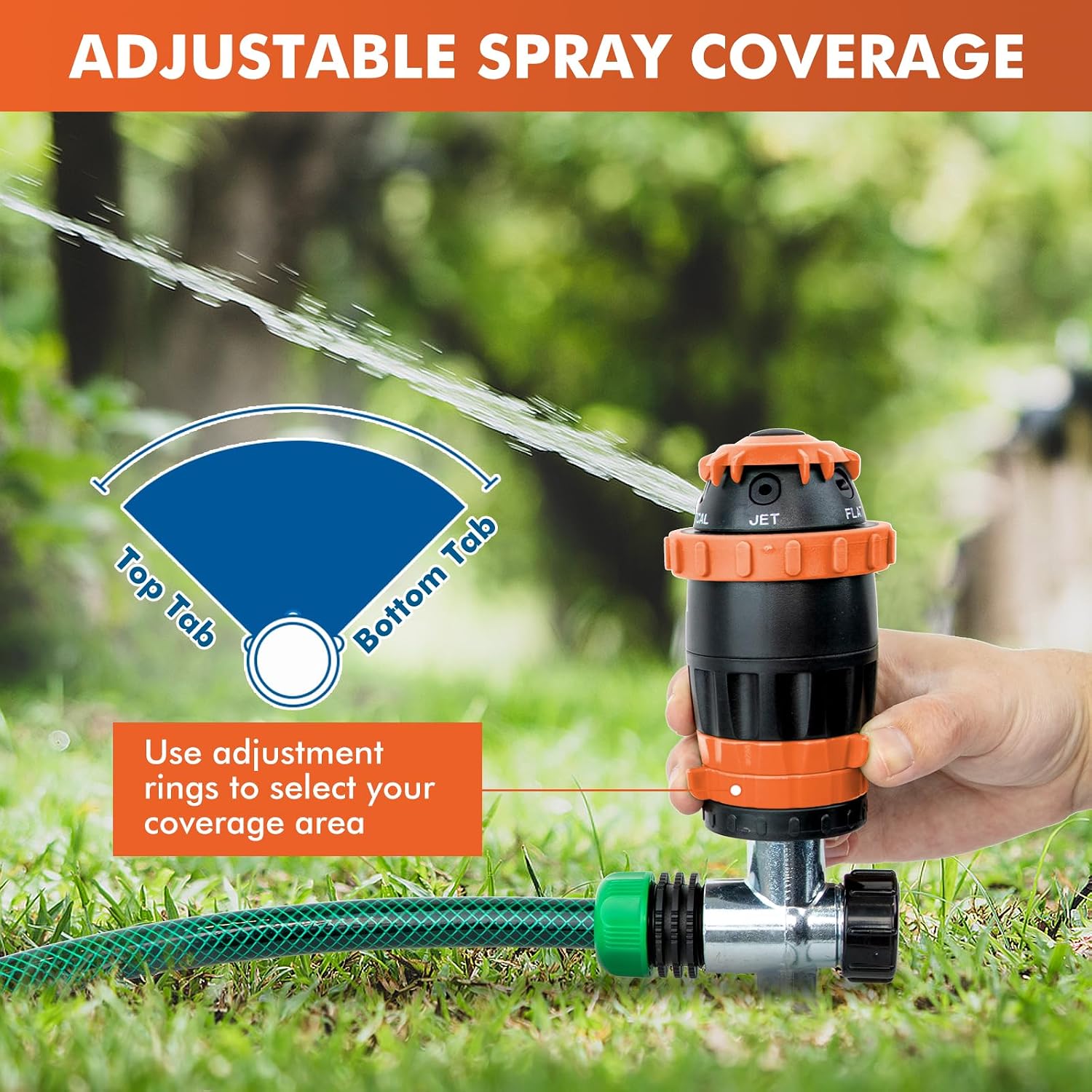 Detalle de RESTMO Gear Drive Sprinkler with Metal Spike Base – 5-Pattern Heavy Duty Garden Sprinkler (Orange)