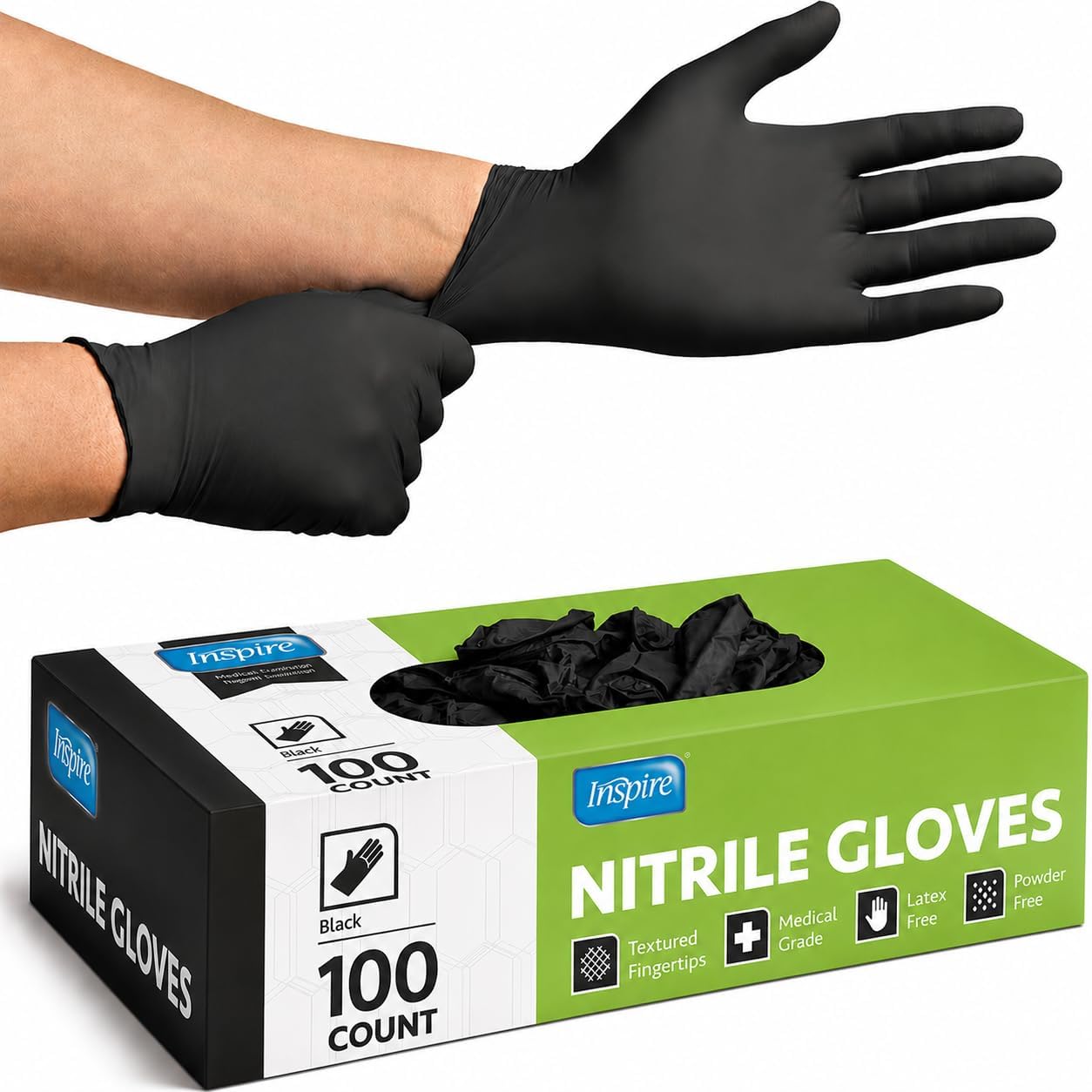 Inspire Black Nitrile Disposable Gloves – Heavy-Duty, Powder-Free Exam Gloves