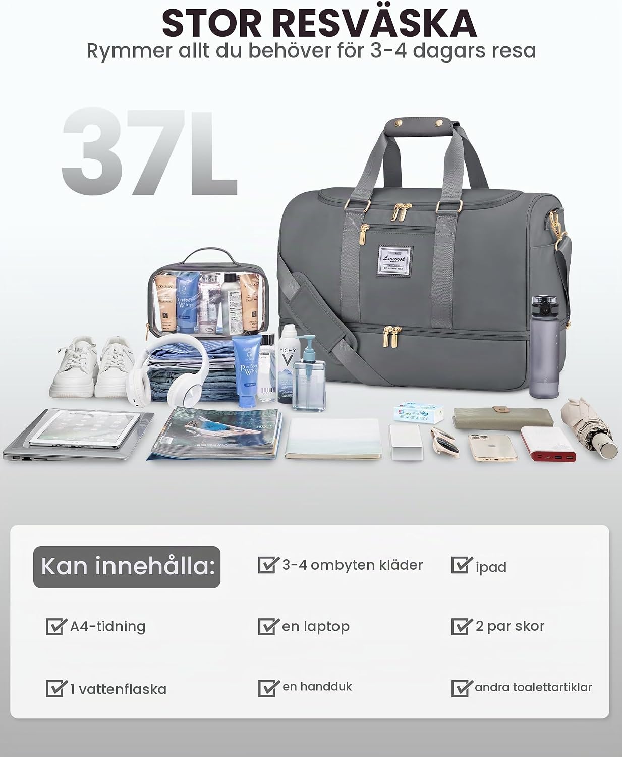 Detalle de LOVEVOOK sport- och weekendväska, 35–40 l med skofack och våtfack