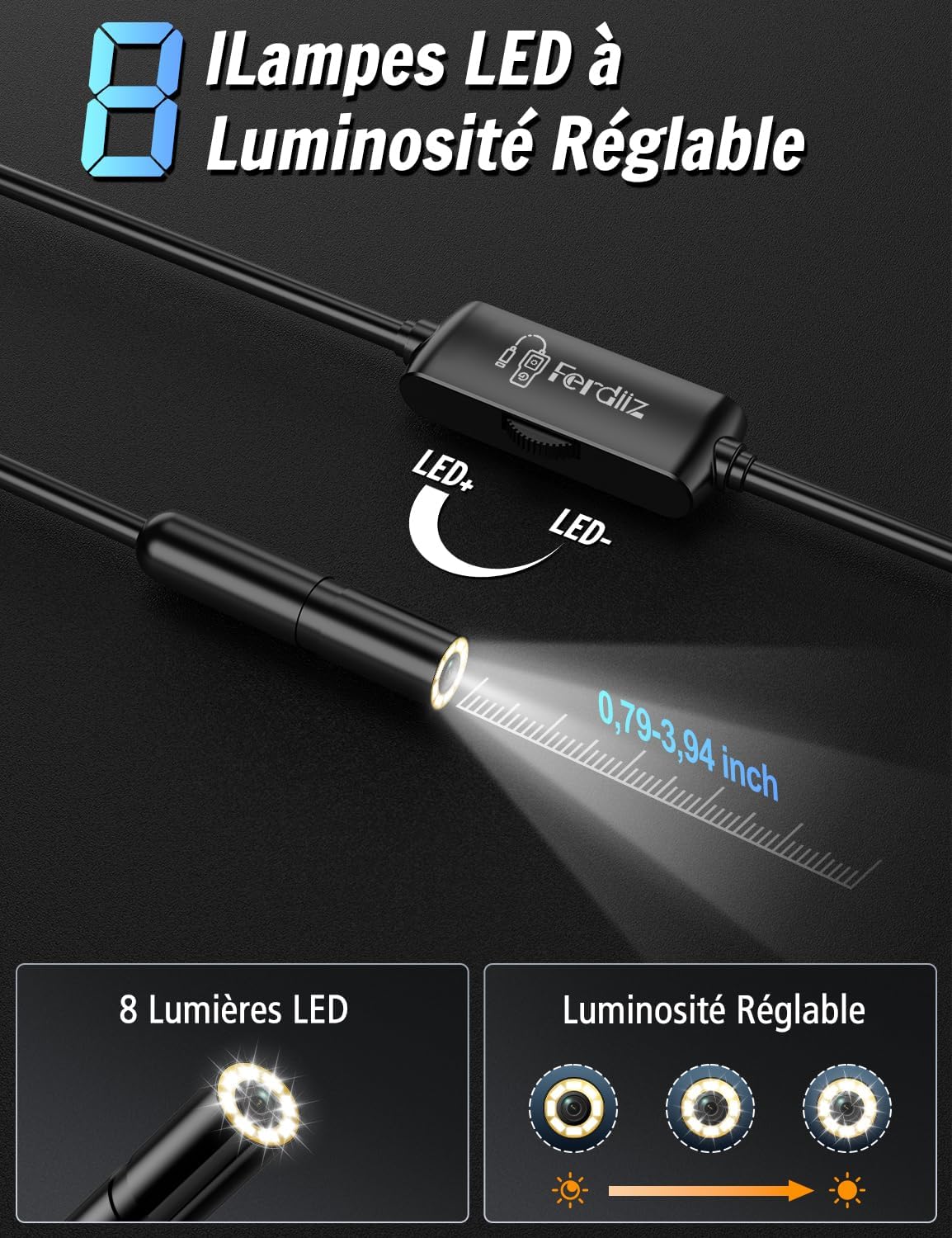 Thumbnail 2 de Ferdiiz AN112-10M endoscoopcamera met 8 regelbare ledlampjes en IP67