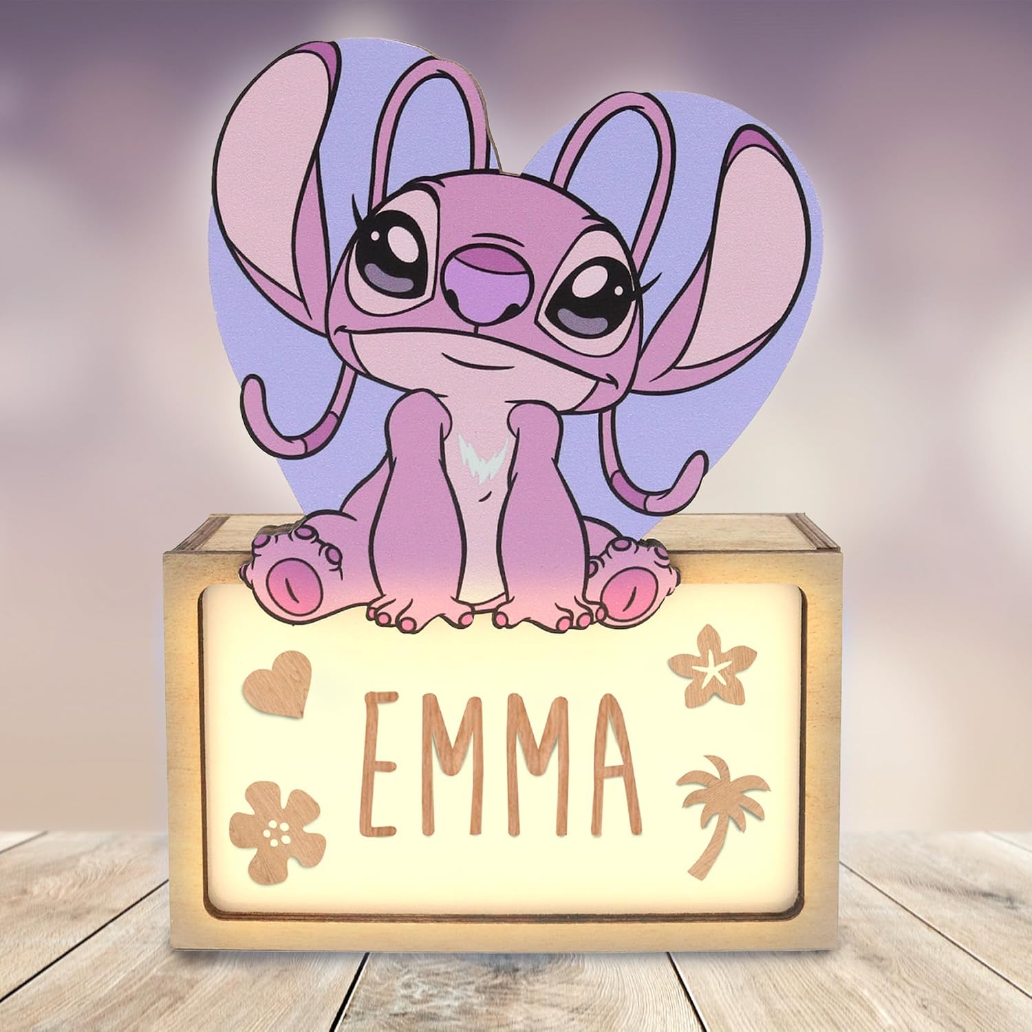 Detalle de WONDEE Offizielle Disney Lilo Stitch personalisierte Lampe – Nachtlicht aus Holz mit Buchstaben-Set