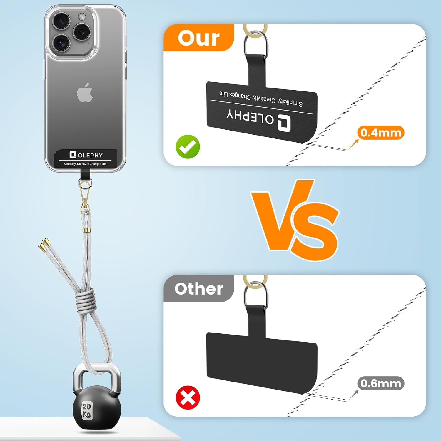 Thumbnail 4 de OLEPHY Cordon Téléphone Portable – Tour de Cou Universel avec 2 patchs ultraminces, Gris Argent