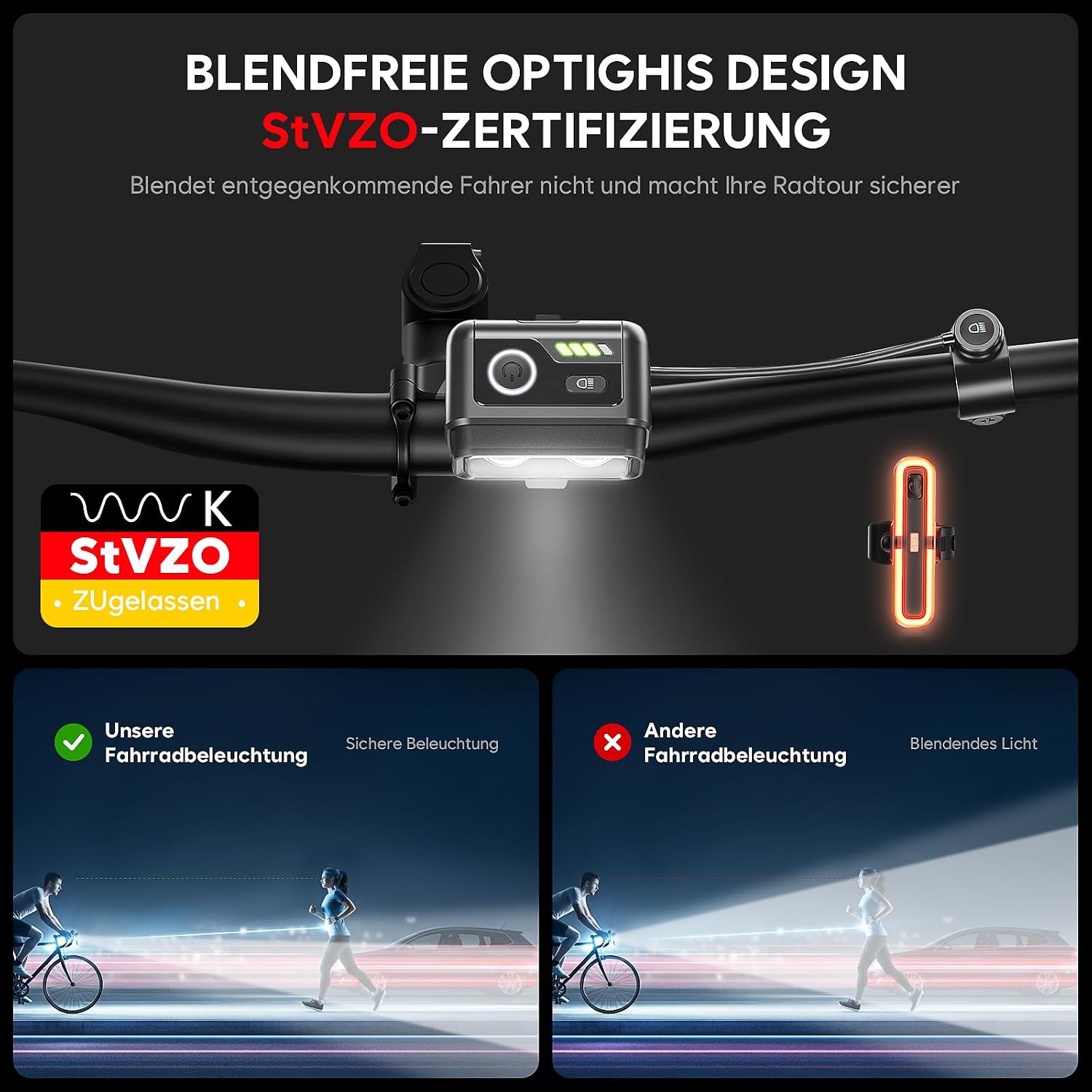 Detalle de Fahrradlicht Set 100 LUX mit Bremsfernlichtfunktion – STVZO-zugelassen, IPX5, 3200 mAh Akku