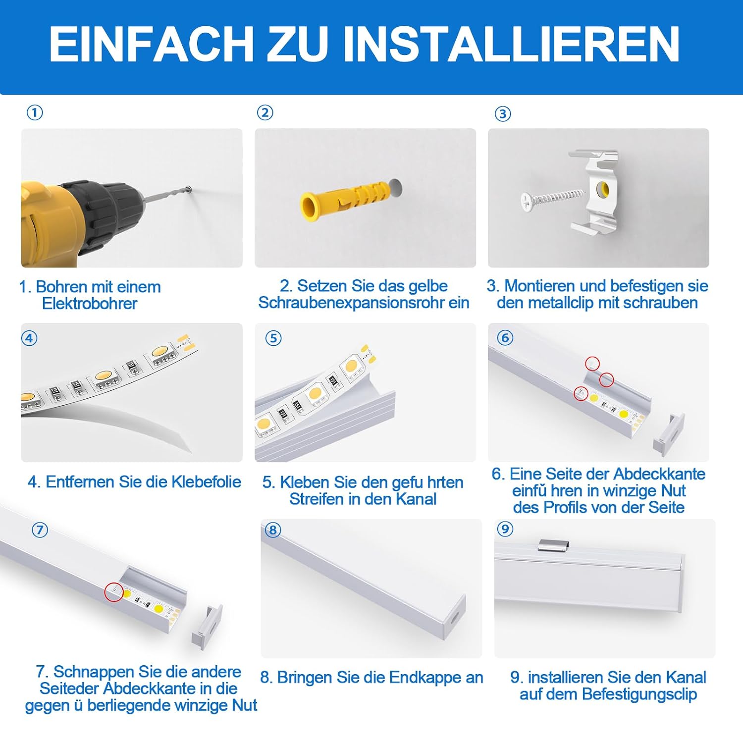 Thumbnail 4 de 12er Pack U-förmige LED-Kanalprofile aus Aluminium für bis zu 16 mm Streifen – milchweiße Diffusorabdeckung