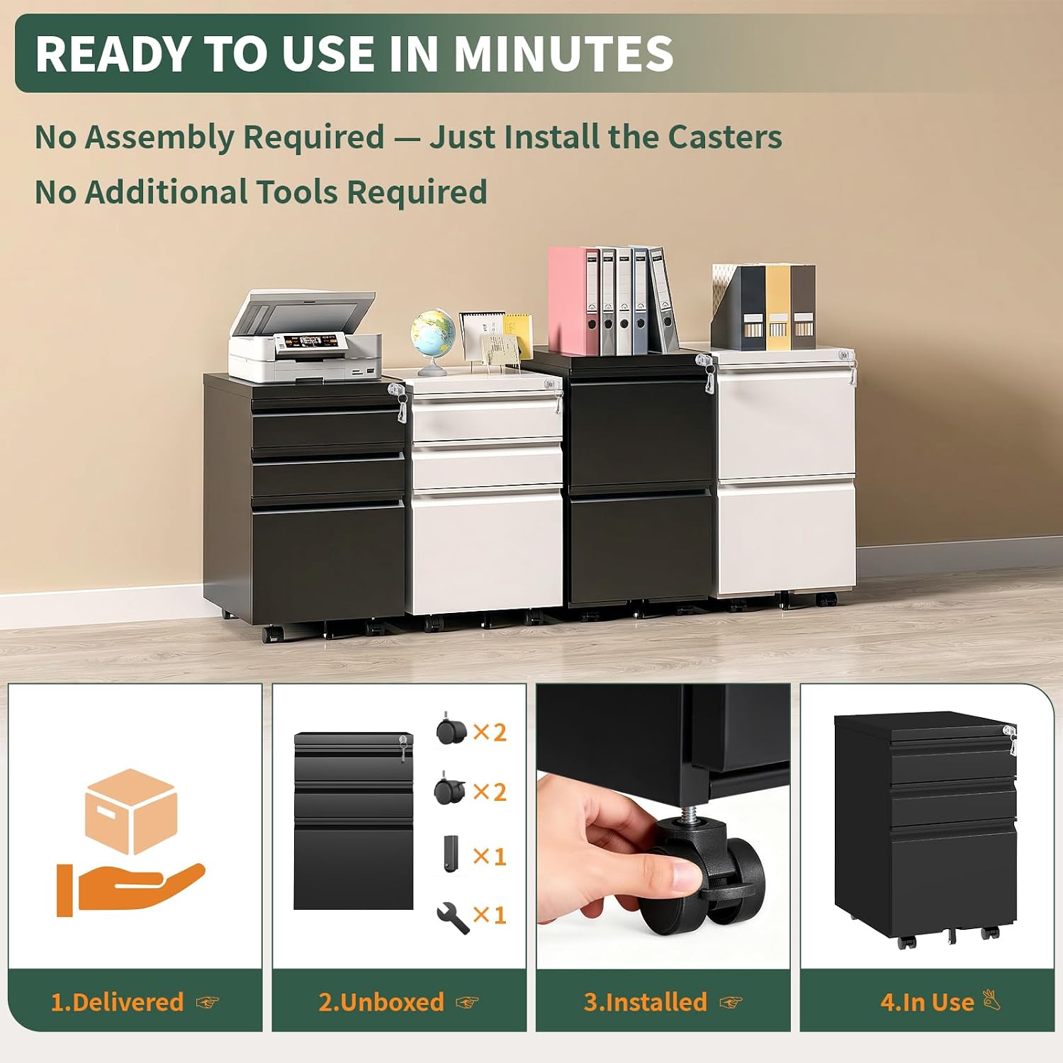 Thumbnail 6 de TEEALUBAN yr032 3-Drawer White Rolling File Cabinet with Lock