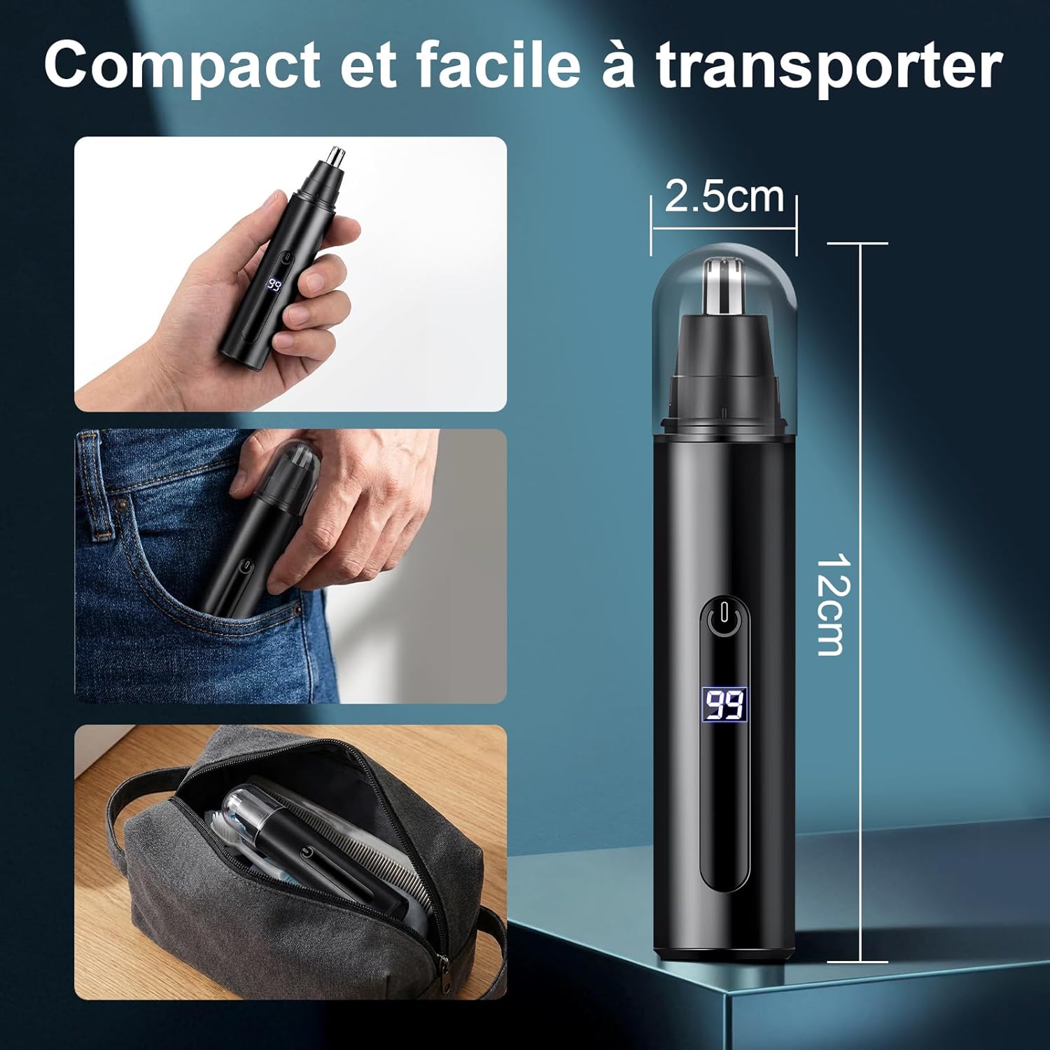 Thumbnail 6 de Tondeuse Nez USB rechargeable 2 en 1 (poils du nez et des oreilles) avec écran LCD et tête rotative 360°