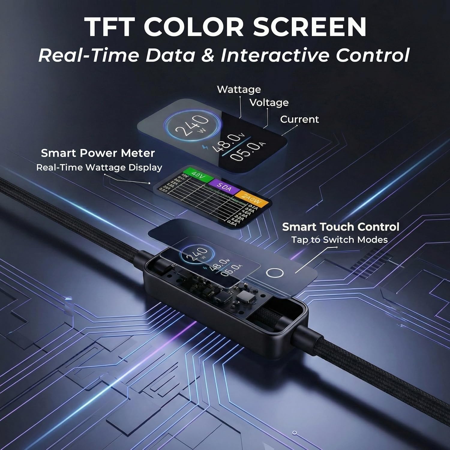 Thumbnail 2 de LITO 240W USB-C to USB-C Cable with TFT Touch Screen: Power Monitor, PD 3.1, and Braided Durability