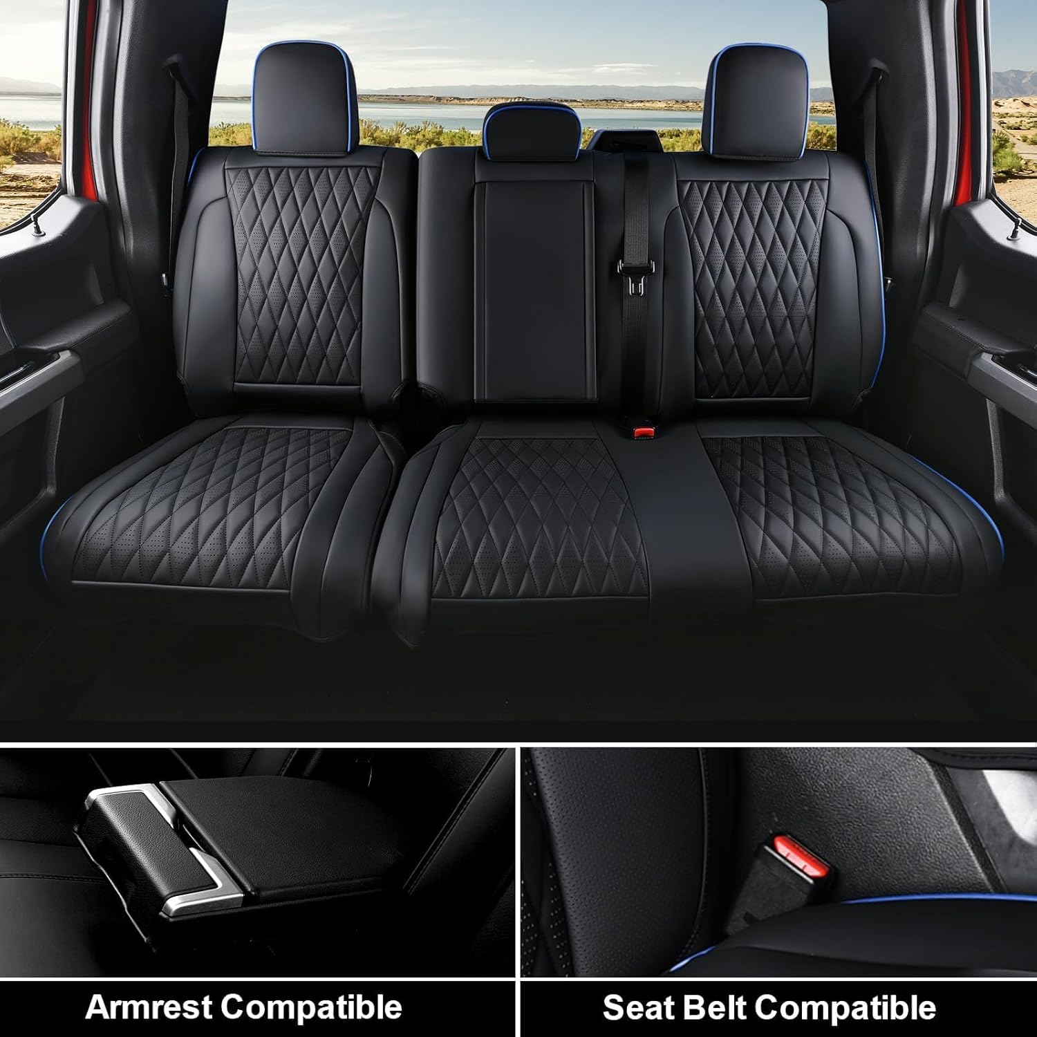 Thumbnail 4 de Coverado Leather Ford F-150 / F-250 / F-350 Seat Covers Full Set (Blue line) — Waterproof, Custom Fit for 2015-2026 Crew Cab