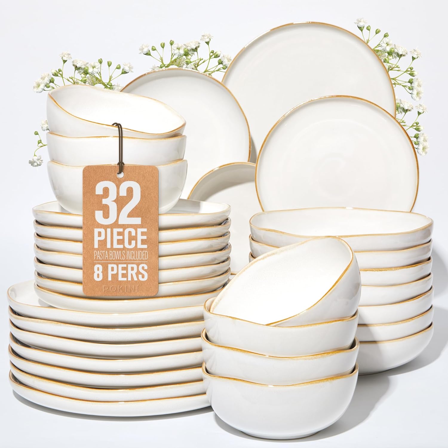 Detalle de Pokini 32-Piece White Dinnerware Set with Pasta Bowls: Durable Stoneware for Large Gatherings