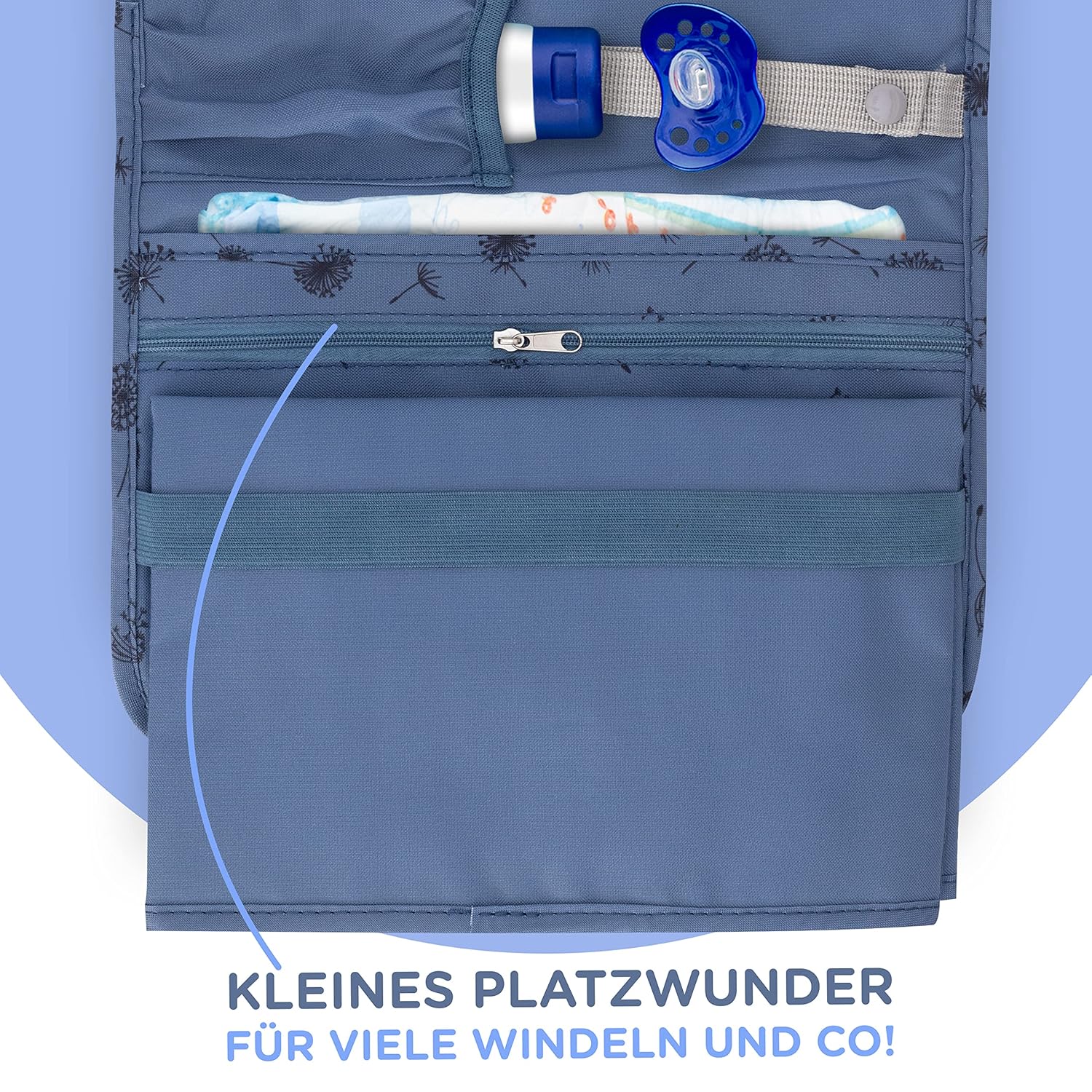 Detalle 2 de Jubi Windeltasche mit Wickelunterlage für unterwegs – Blau mit Pusteblumen (Klettverschluss)