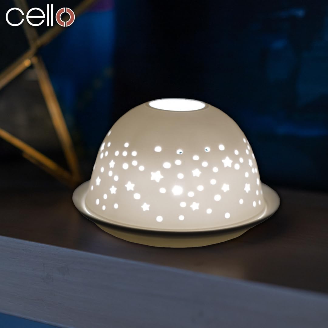 Thumbnail 4 de Cello photophore en porcelaine de lithophane motif étoilé (dôme et base pour bougie chauffe-plat ou LED)