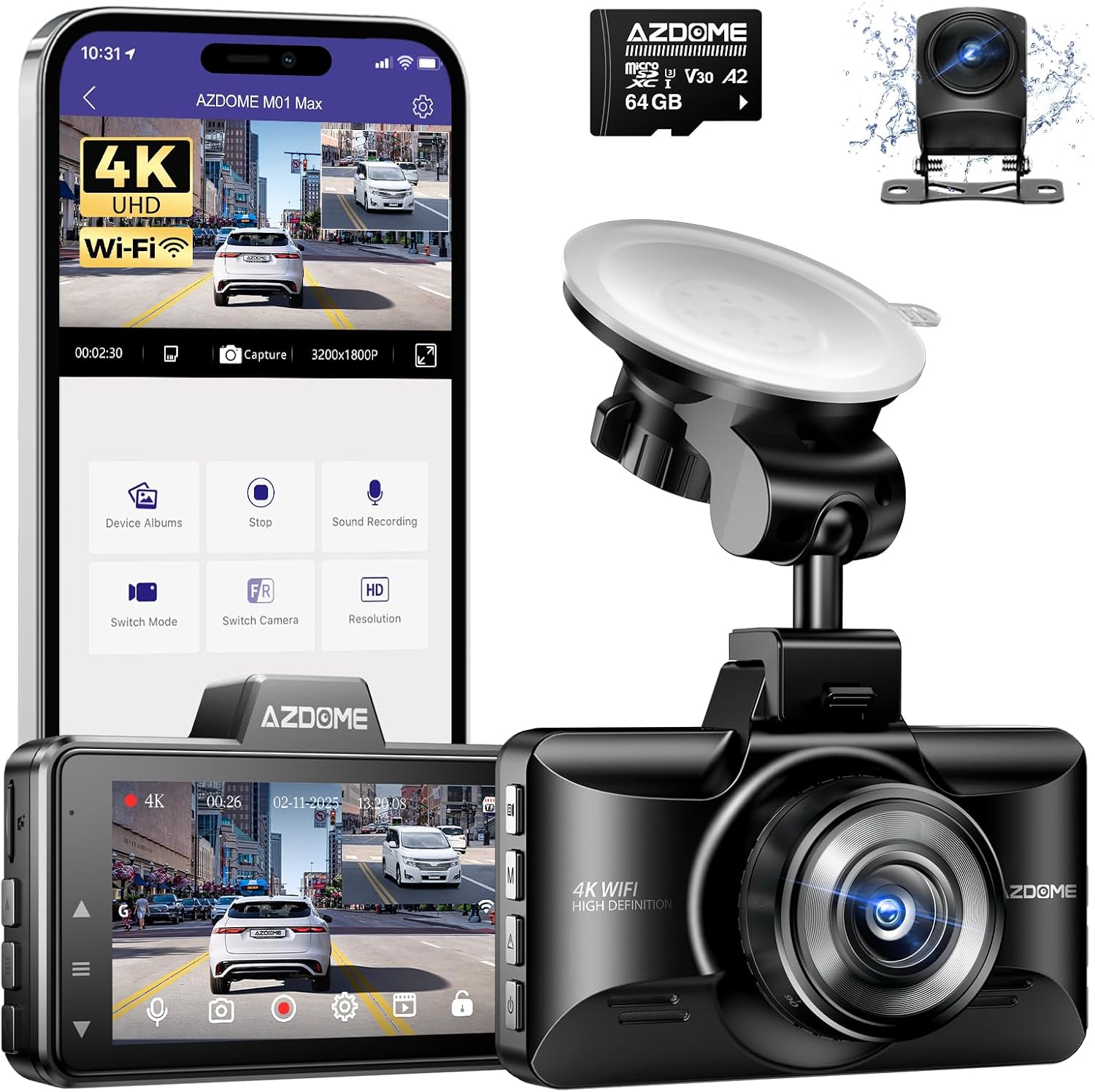 Detalle de AZDOME M01 MAX : caméra embarquée avant/arrière 4K + 1080P avec WiFi et carte SD 64 Go