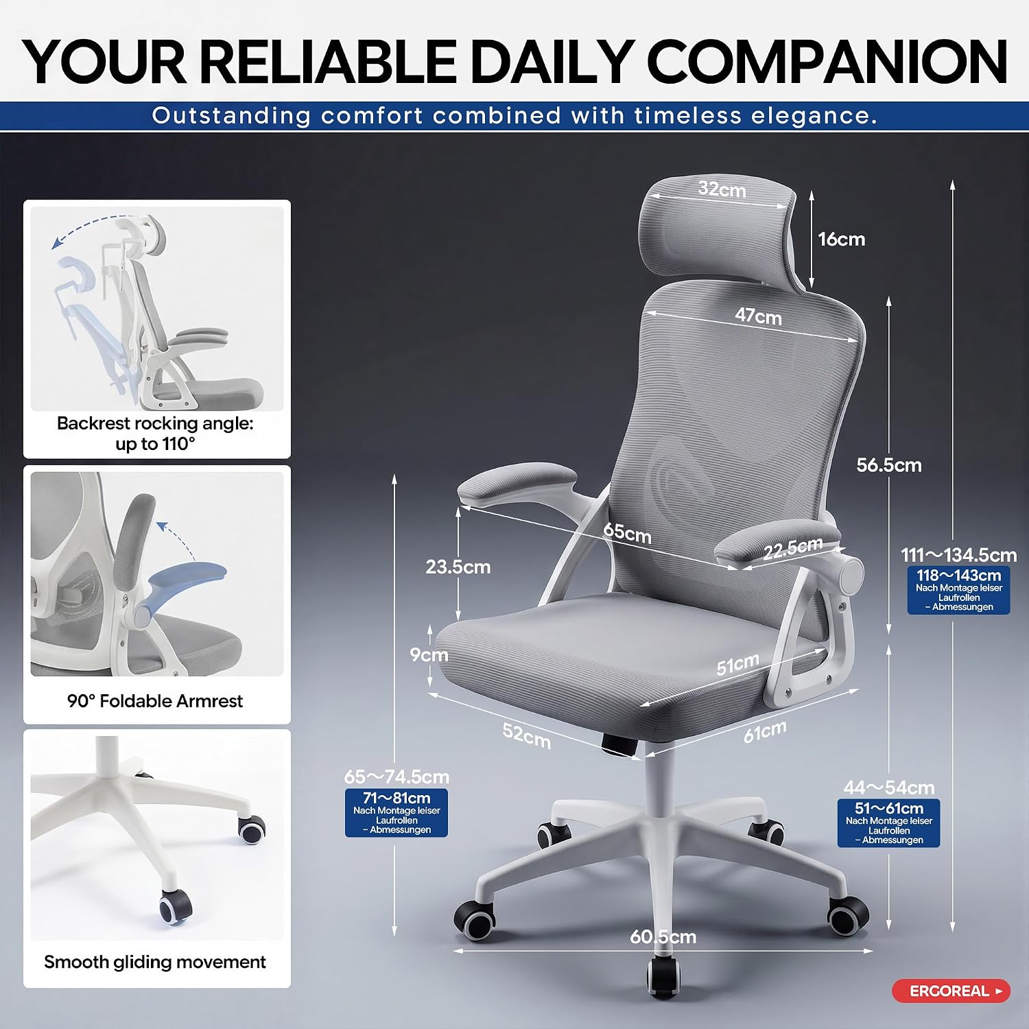 Thumbnail 1 de Ergoreal Ergonomischer Mesh-Bürostuhl Home Office 25W03 – verstellbare Lendenstütze, 2D Kopfstütze, klappbare Armlehnen, leise PU-Rollen, Klasse-3-Gasfeder