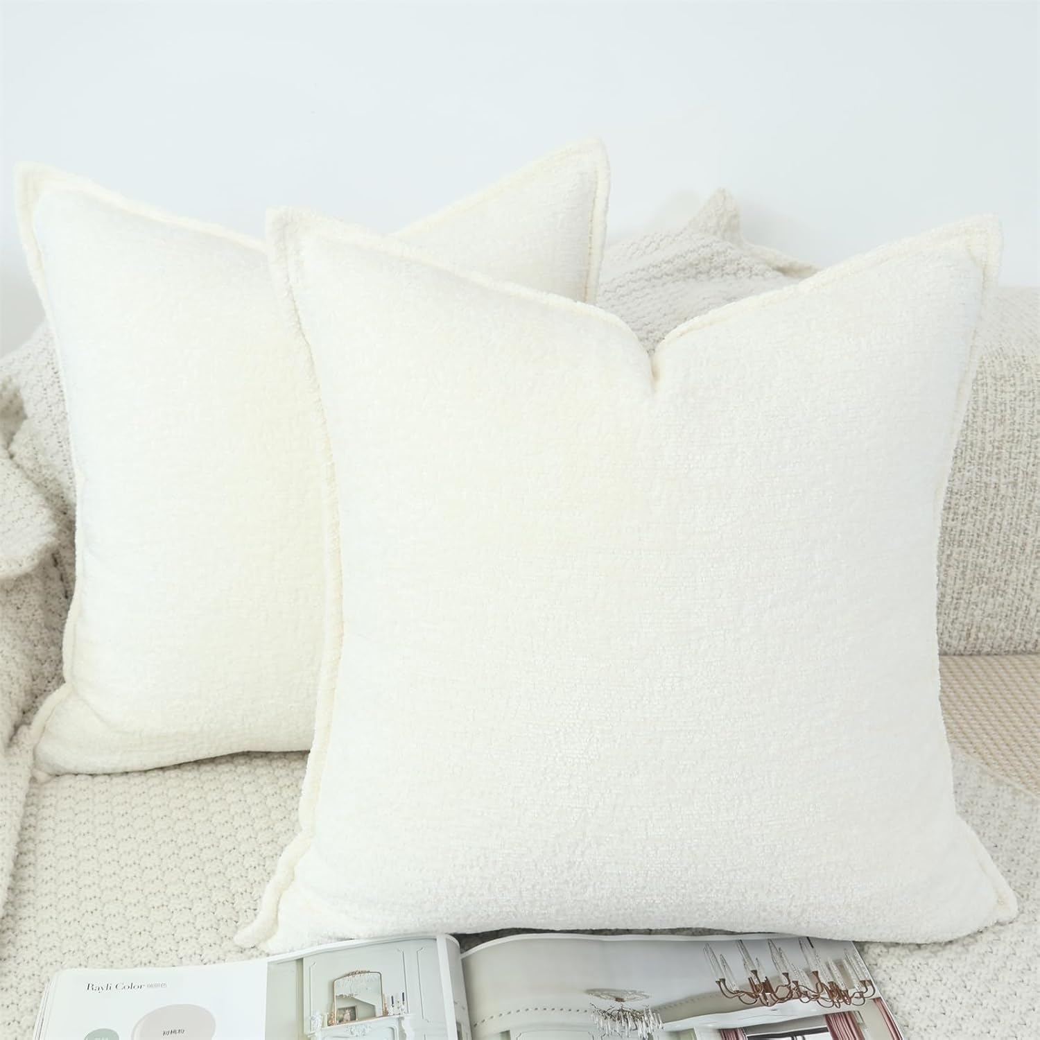 OYIMUA Set of 2 Chenille Cushion Covers (50cm x 50cm) – Cream square throw pillow cases