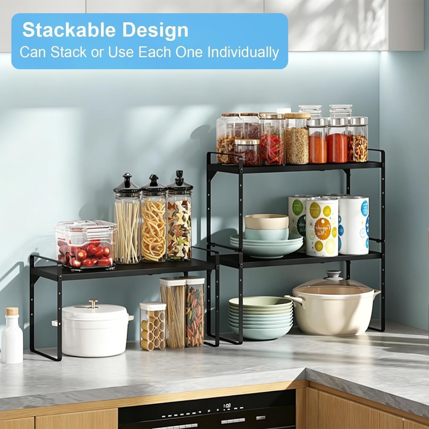 Detalle de 15.5–25.5 Inch Adjustable Kitchen Cabinet Shelf Organizers (Set of 3) — Expandable, Stackable Countertop Storage Shelves, 30LBS Heavy Duty