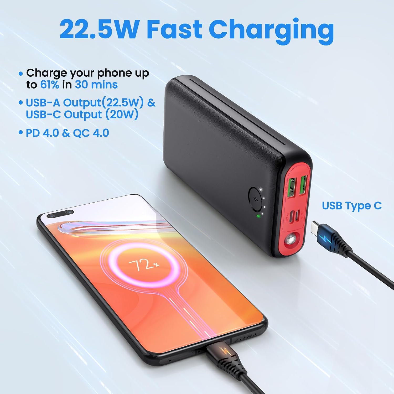 Detalle de JIGA Power Bank 27000mAh 22,5W PD 20W USB-C Powerbank mit Taschenlampe