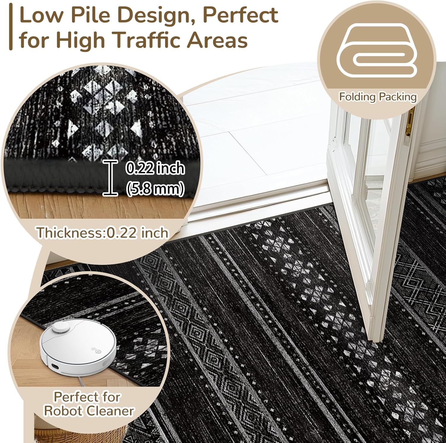 Detalle de BESTSWEETIE 8x10 Geometry Series Area Rug – Black/White Non-Slip, Washable for Living Room