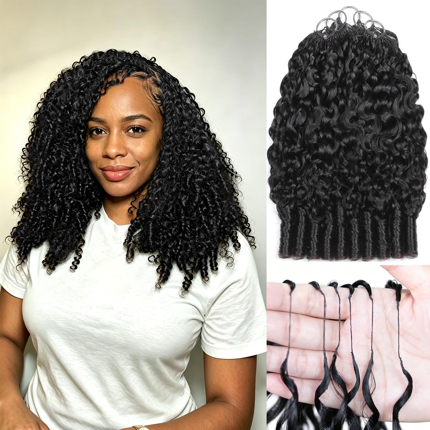 Detalle de Burmese Curly Crochet Human Hair for Black Women, 18 Inch, 125g, 100 Strands Pre-Separated Feather Crochet Hair (Natural Black)