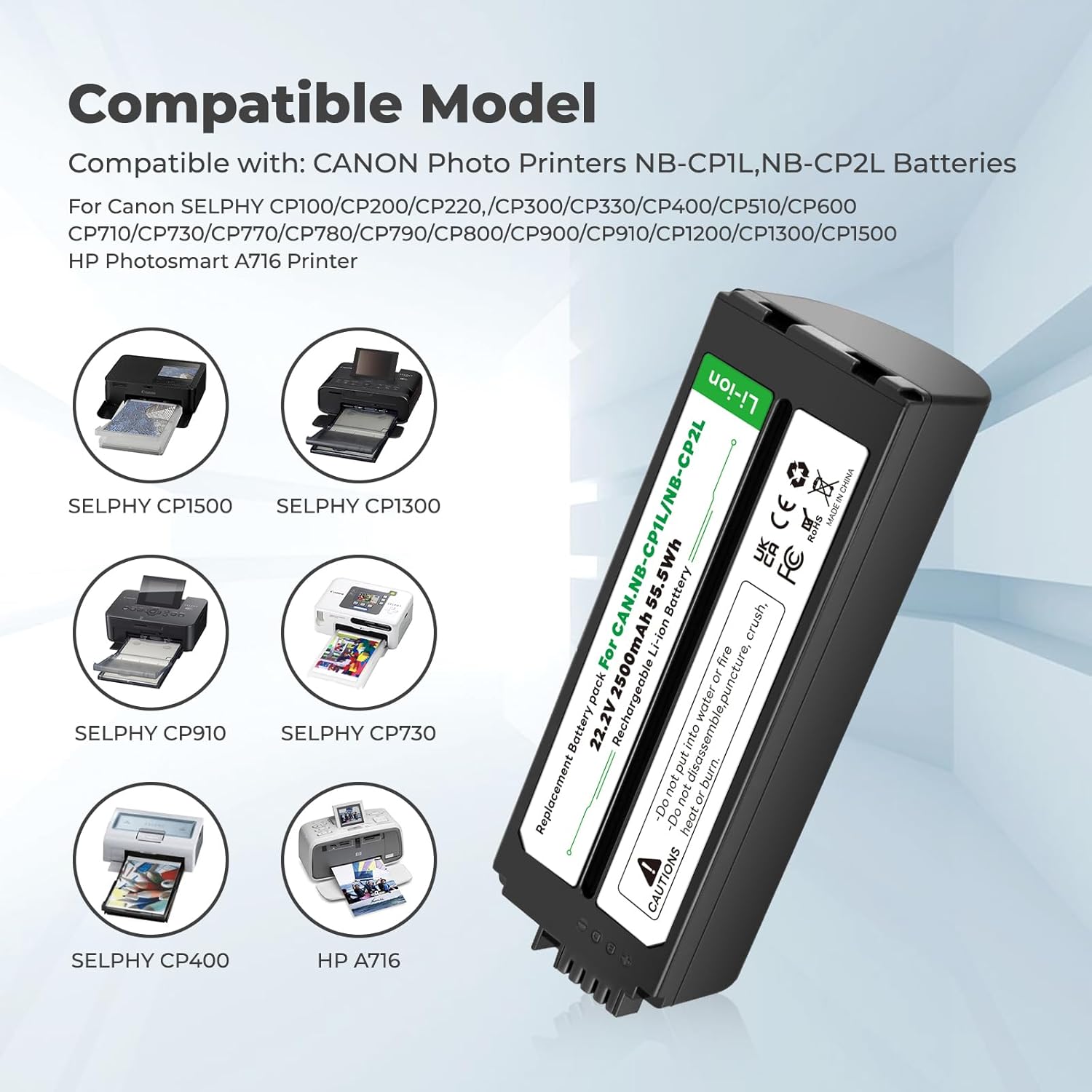 Thumbnail 2 de TQTHL NB-CP2L Akku (2500 mAh) mit Ladegerät für Canon SELPHY CP1500 & weitere Foto-Drucker