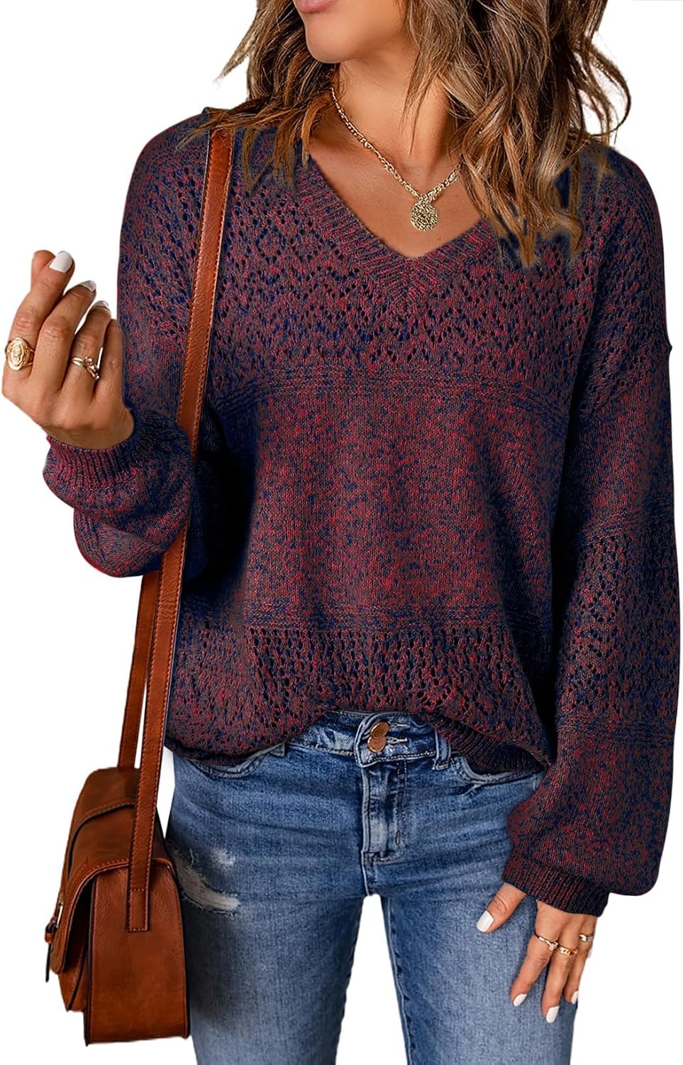 Detalle de SHEWIN Women's Crochet V‑Neck Lightweight Sweater