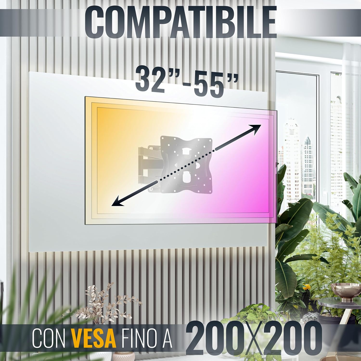 Detalle de RICOO S1022 Supporto TV da Parete 32-55 pollici, VESA 200x200, rotazione 180°, inclinazione ±3°