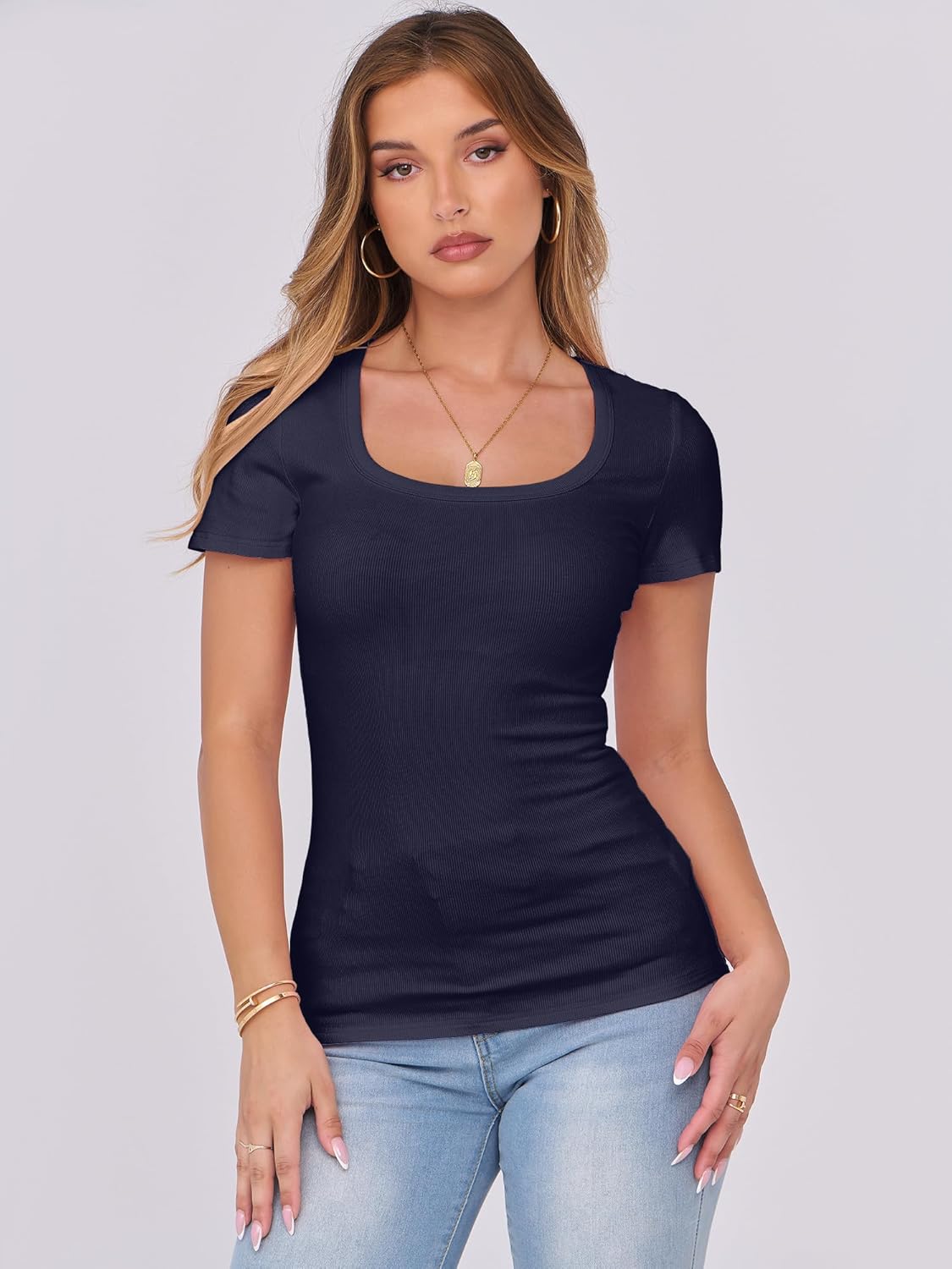 Thumbnail 3 de ANRABESS Women’s Ribbed Scoop Neck Slim Fit Basic Tee (Short Sleeve)