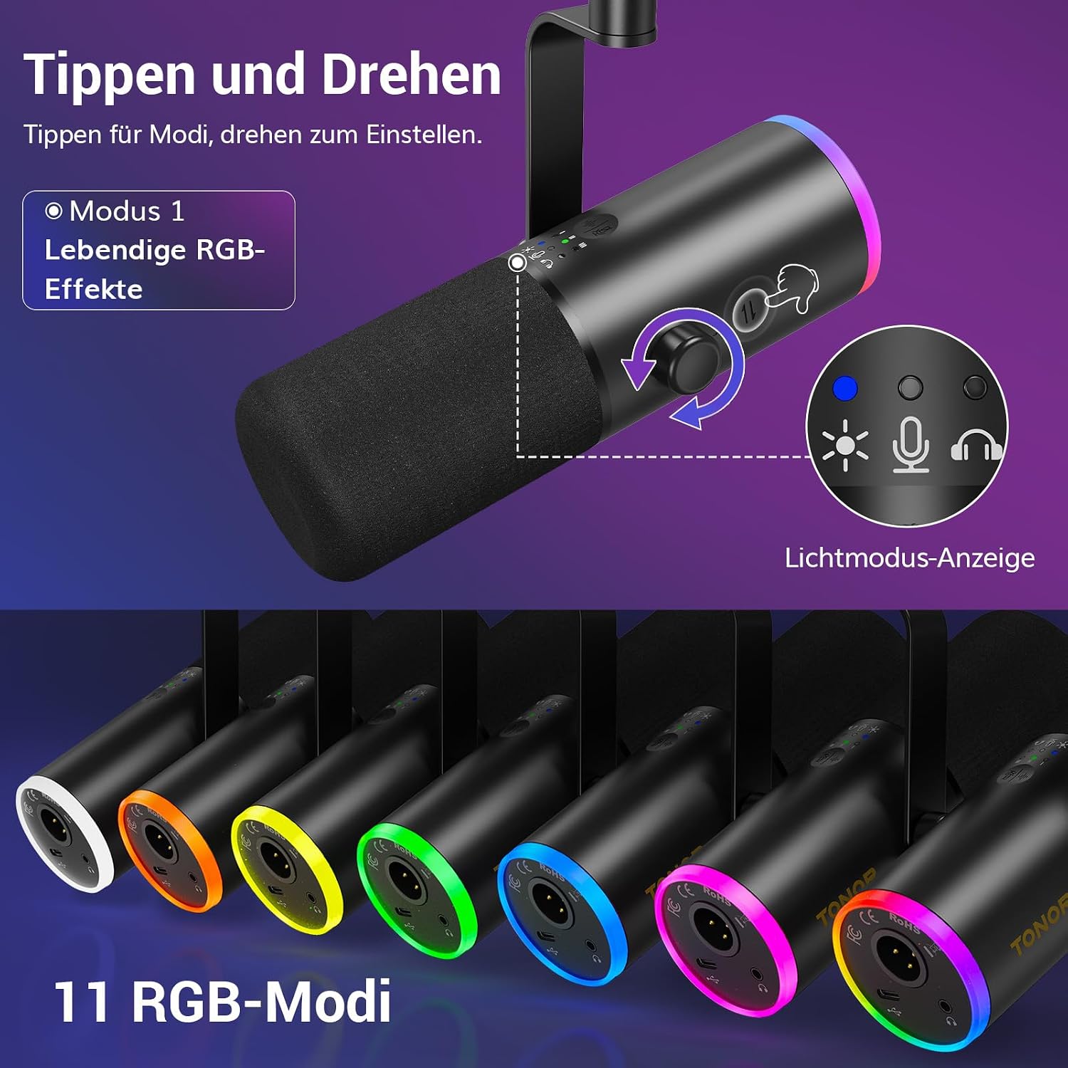 Detalle 2 de TONOR Dynamisches Gaming-Mikrofon: USB/XLR-Kombi mit KI-Geräuschunterdrückung und RGB-Beleuchtung