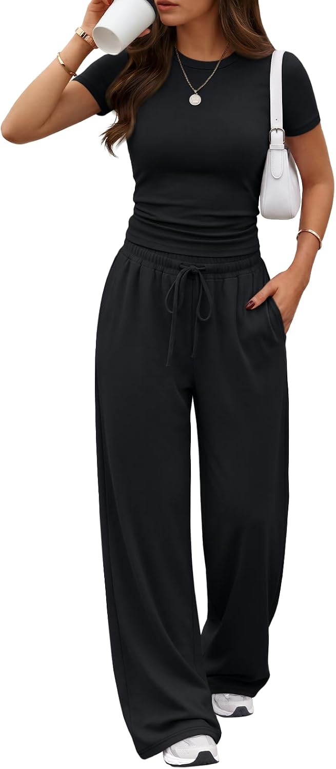 Detalle de Trendy Queen 2 Piece Matching Summer Lounge Set: Side Ruching Top + Wide-Leg Pants