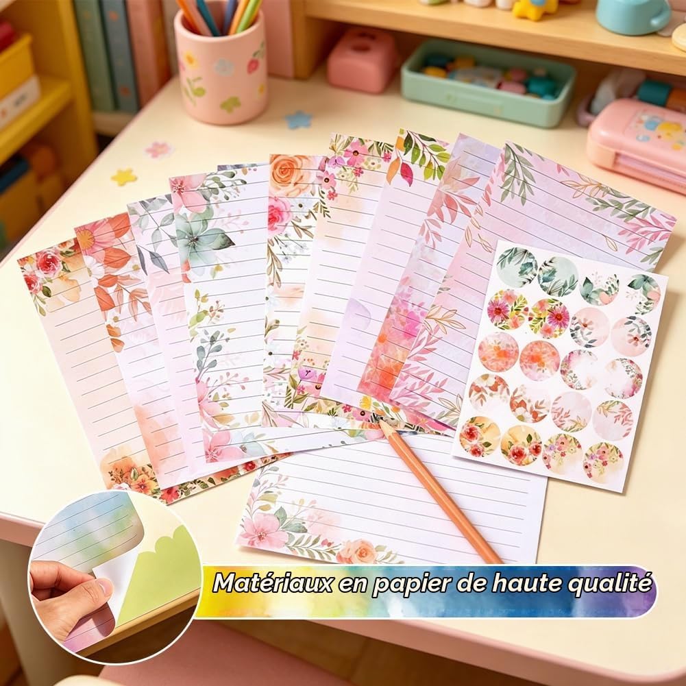 Detalle 2 de Vicloon briefpapier-set met 50 A5-vellen, 50 enveloppen en 60 bloemlabels