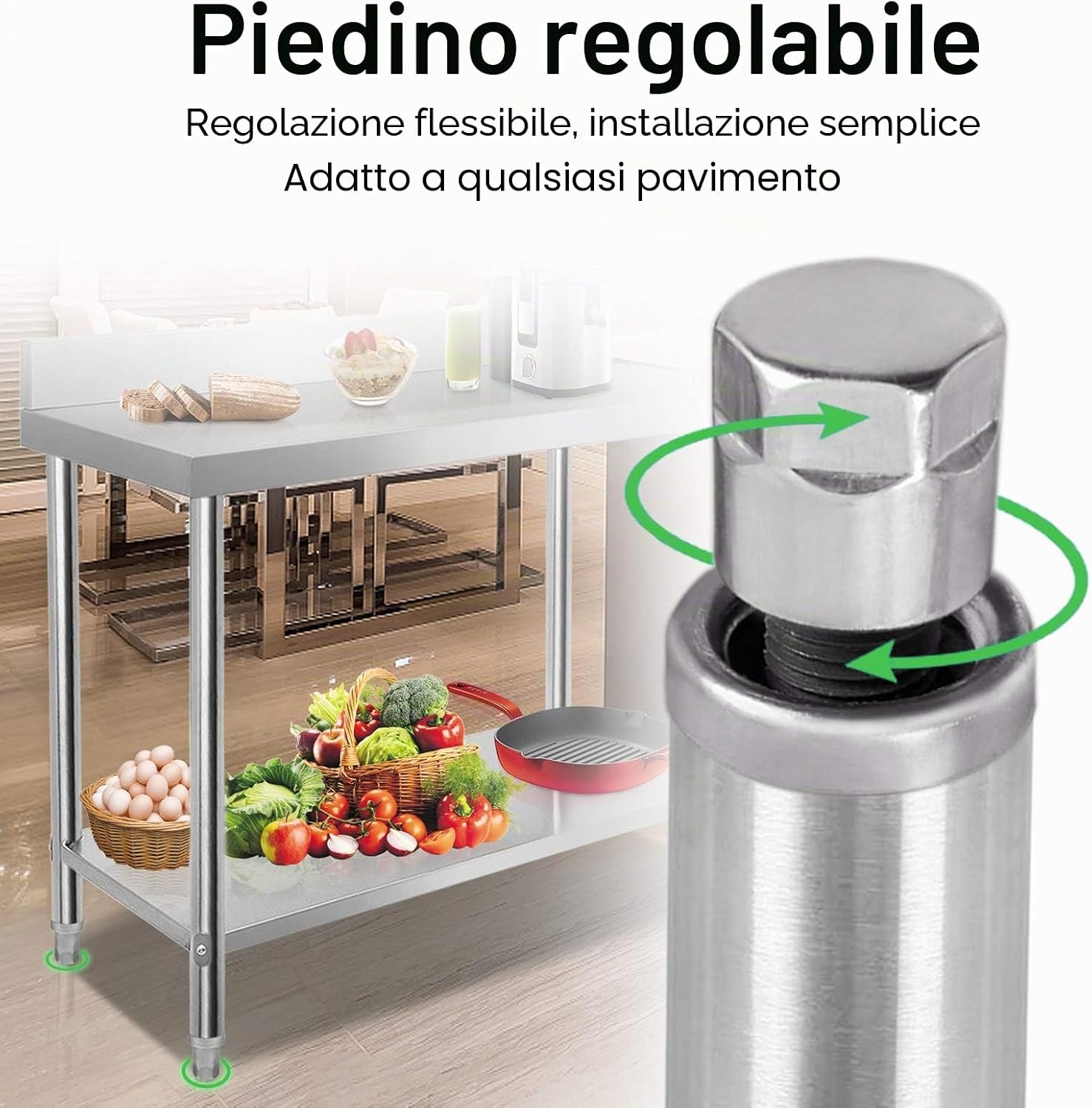 Thumbnail 6 de UISEBRT Tavolo da lavoro in acciaio inox 100 x 60 x 85 cm con bordo e gambe regolabili
