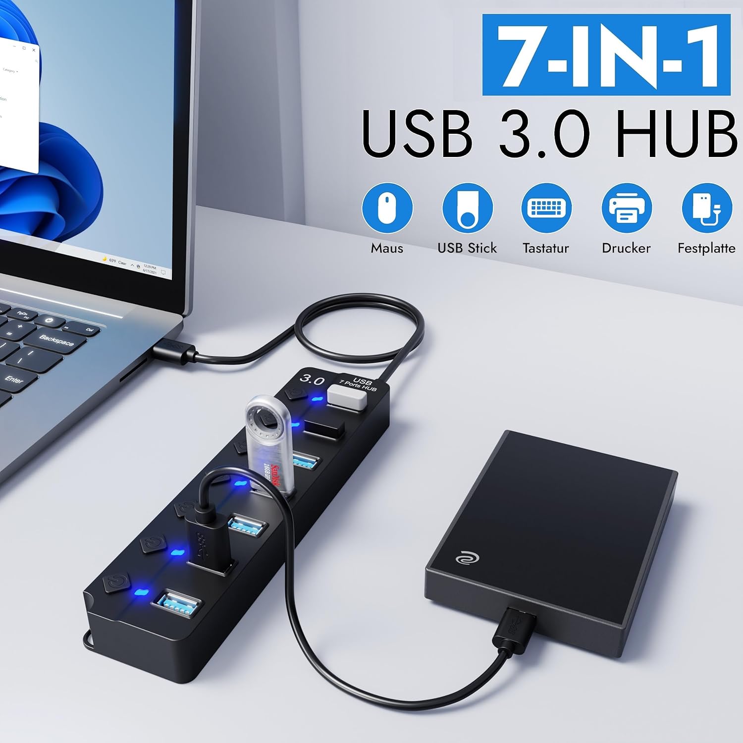Thumbnail 1 de GLOBAL TECH 7-Port USB Hub 3.0 mit Ein/Aus-Schaltern & LED-Anzeigen (USB-Verteiler, 7 Ports)