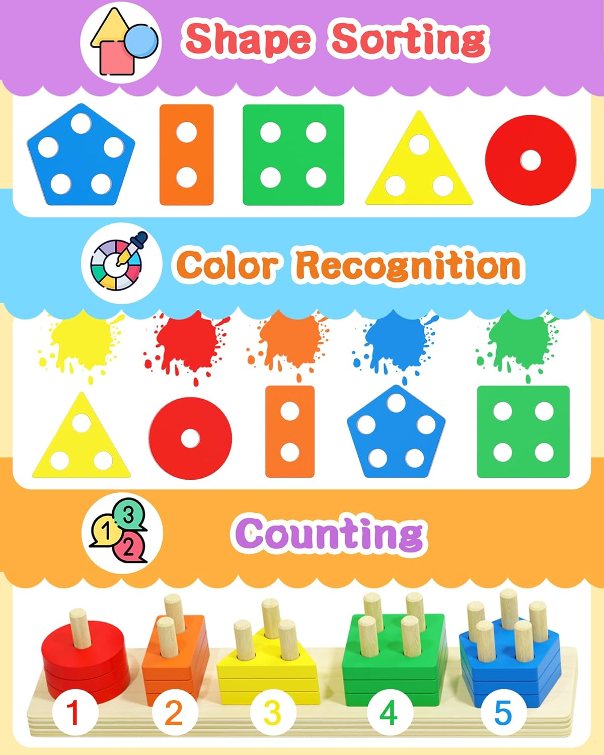 Detalle de Montessori Wooden Shape Sorter Toy for Ages 1-3
