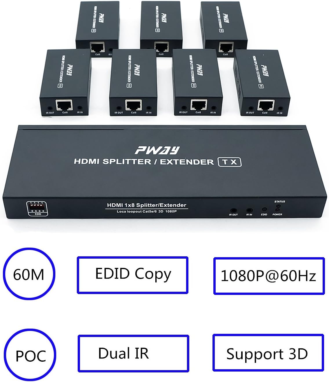 Detalle 2 de PW-HTS0107IR(POC) HDMI Splitter Extender 1X7 Port Over Cat5e/Cat6