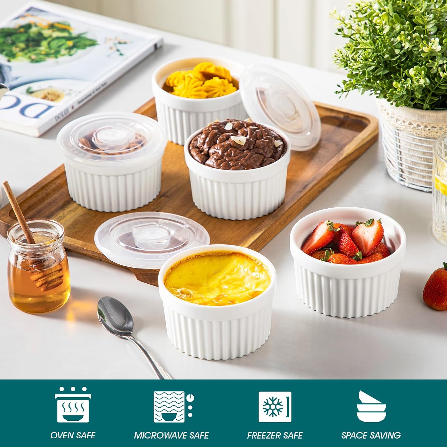 Detalle de vancasso 10 oz Ramekins with Lid (Set of 6) — Porcelain Crème Brûlée, Soufflé & Custard Cups, Oven & Dishwasher Safe