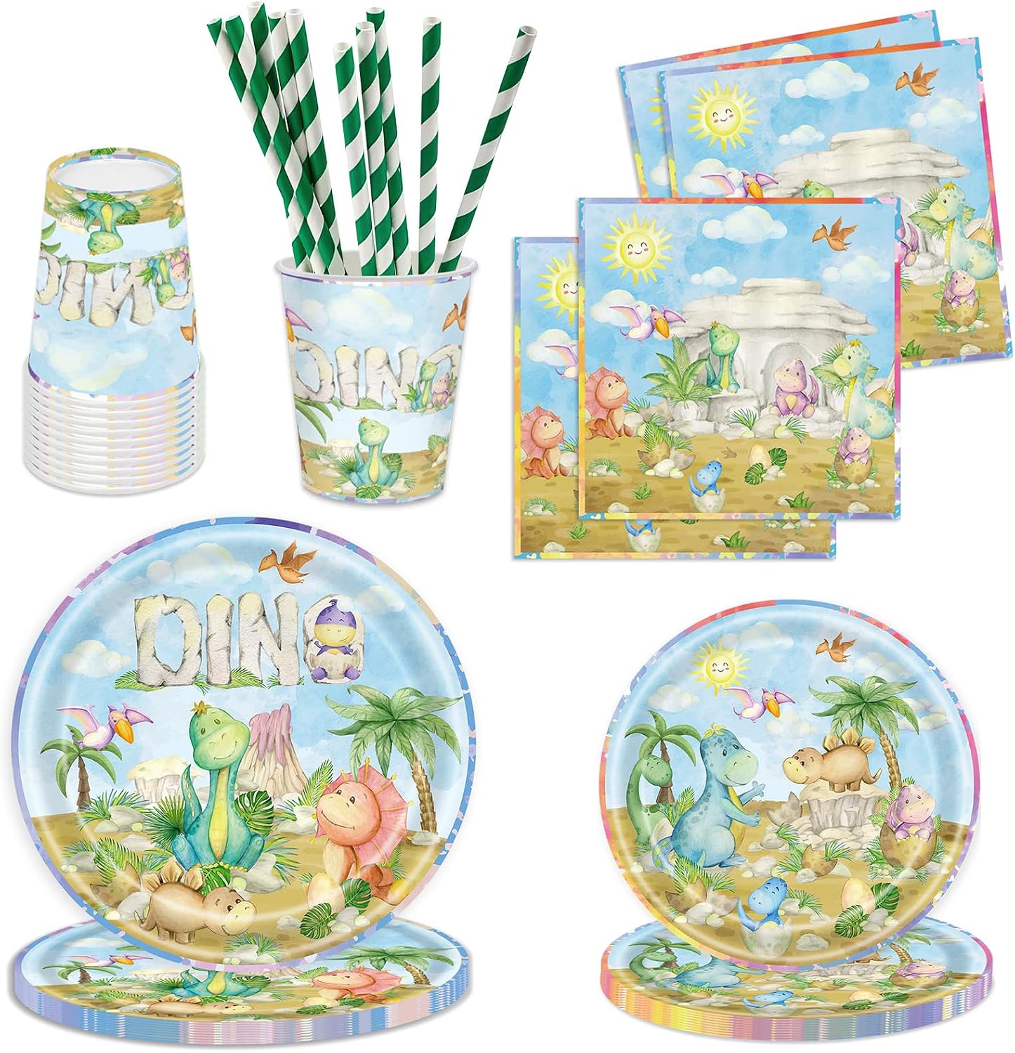 Detalle de Aitsite Dino Partygeschirr Set (50-teilig) für 10 Gäste – Cartoon Dinosaurier Teller, Tassen, Servietten & Strohhalme