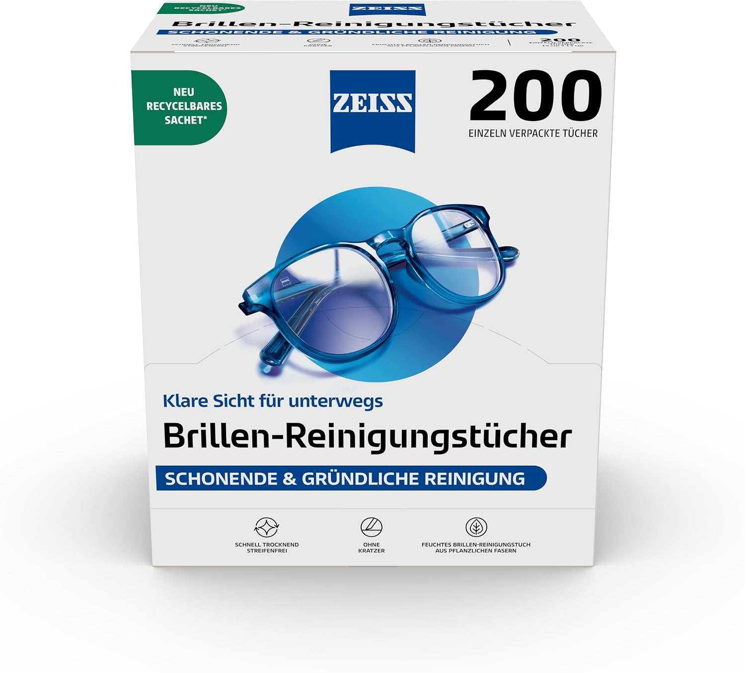 Detalle de Zeiss 2802-162 rengöringsdukar för glasögon, 200 st, individuellt förpackade