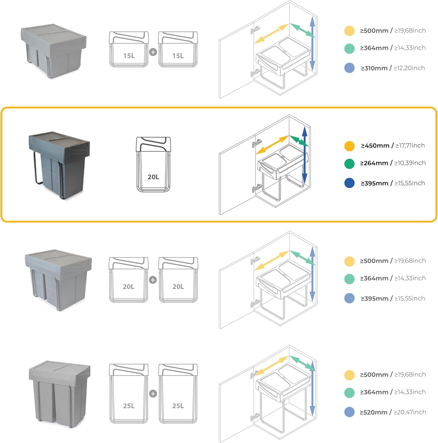 Detalle de Emuca Poubelle avec Fixation inférieure pour la Cuisine – 20 L, Acier et Plastique, Gris Anthracite
