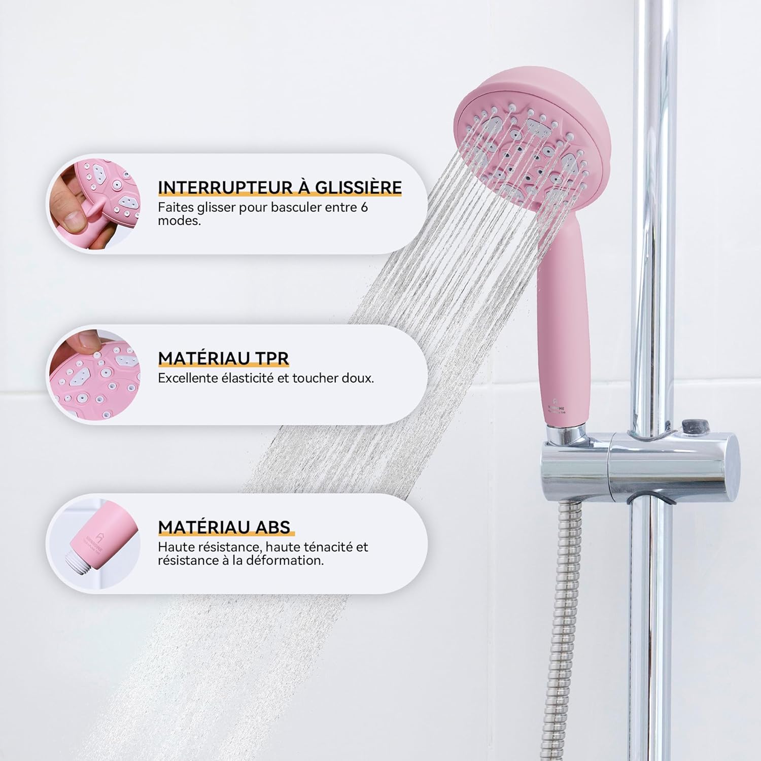 Thumbnail 4 de HNNHOME Pommeau de douche haute pression 6 modes – Grand tête 10 cm, installation universelle, rose
