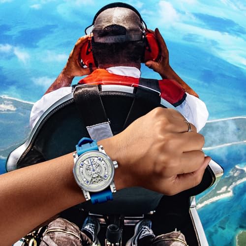 Detalle de FEICE Montre Analogique Automatique Squelette pour Homme - Ø44,5 mm, bracelet silicone bleu