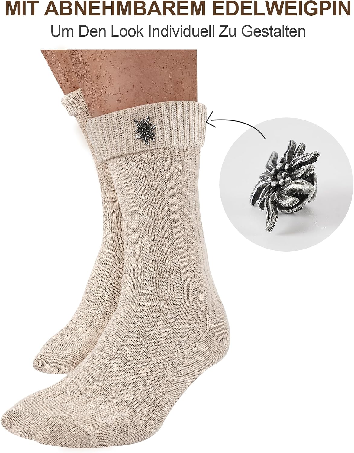 Detalle de Effeeet Kurze Trachtensocken für Herren & Damen – 1 Paar mit Edelweiß-Anstecker